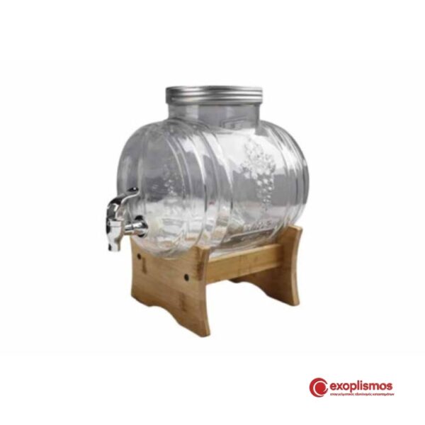 Δοχείο Βαρέλι Γυάλινο Με Βρυσάκι Και Καπάκι Σε Ξύλινη Βάση
